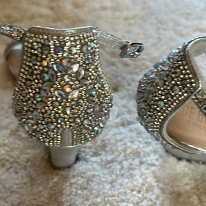 Beautiful DeBlossom wedge heel shoes. Silver Sz 6, jewels.